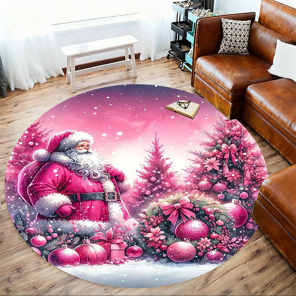 1pc Santa Claus, Pink Christmas Round Chair mat Area Rug - Non-Slip, Floor Mat for Office, Bedroom, home decor Christmas Gift-1002360