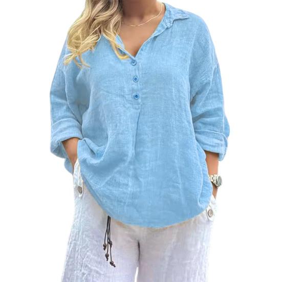 Women Shirt Lapel Buttons Half Placket Long Sleeve Casual Tops Solid Color Loose Fit Work Leisure Shirt