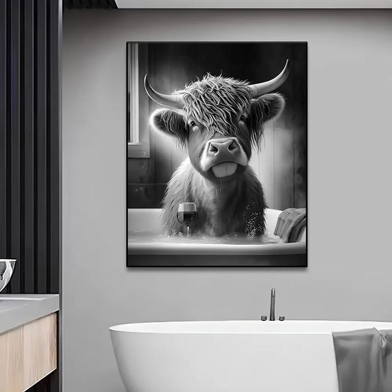 Funny Highland Cow On Toilet Wall Art Poster Prints Rustic Farmhouse Style Canvas Painting Picture for Bathroom Room Home Decor