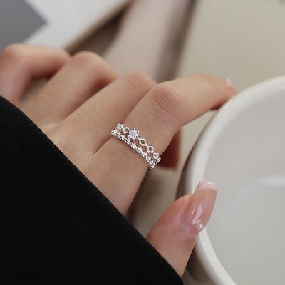 Double Zircon Crown Ring Women's Niche Design Sweet Opening Adjustable Ring Index Finger Ring