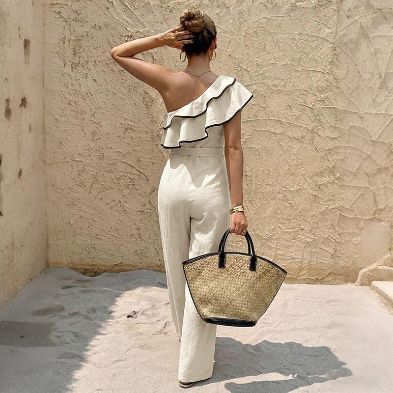 One Piece Jumpsuits for Women, Asymmetrical Shoulder Ruffle Waist Tie Straight Jumpsuit