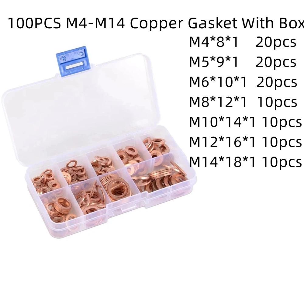 100pcs Red Copper Oil Seal Washer Set - Boxed Mechanical Flat Washers