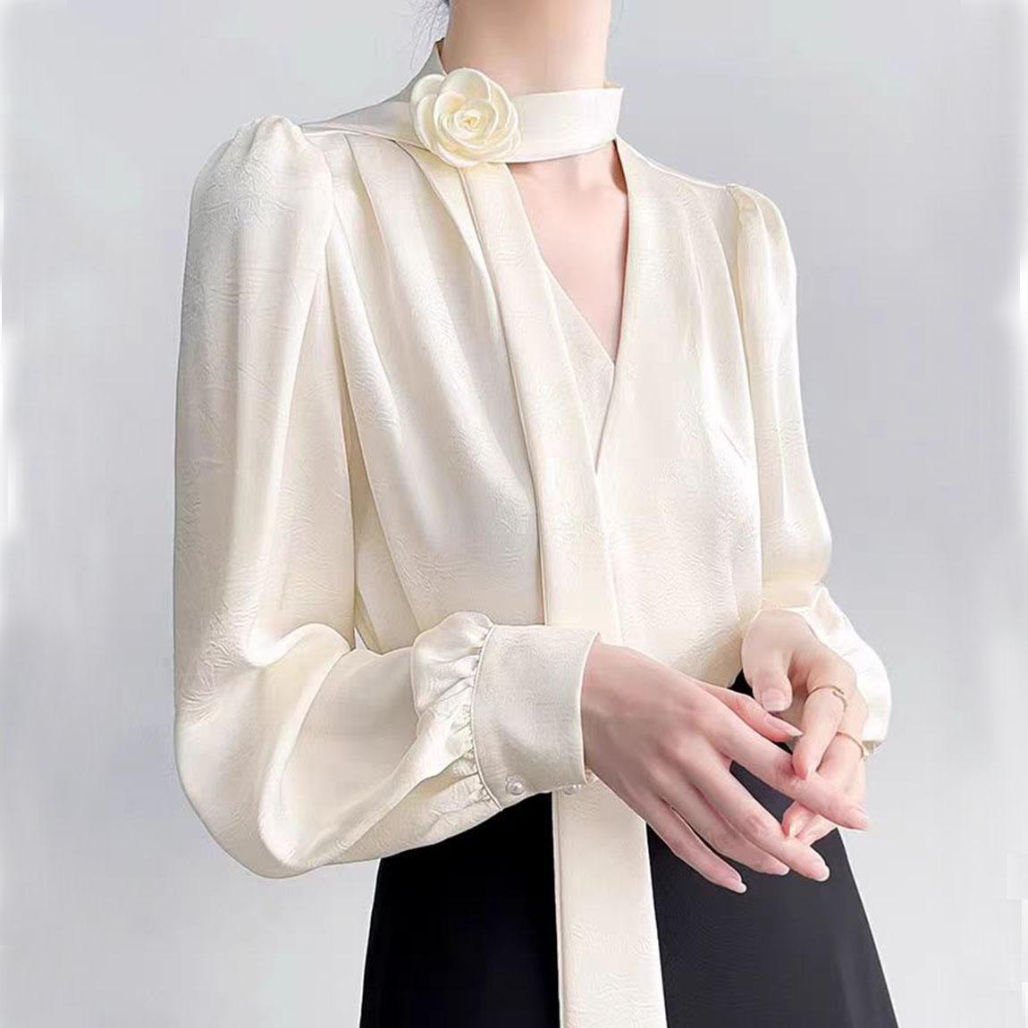 Новая женская одежда Французская элегантность Розовый бант Блузка с длинным рукавом Женский шикарный весенне-осенний топ Сатин Высококачественная одежда S