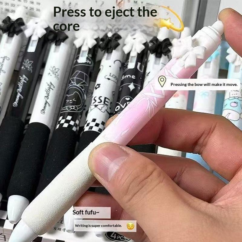 4 Pcs Black And White Bow Press Pen Soft Grip Super High Value 0.5mm Brush Question Quick Drying Press Cartoon Neutral Pen
