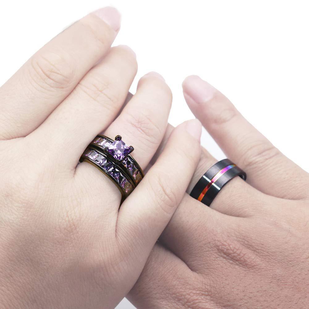 Fashion Couple Rings For Women Purple Rhinestones Zircon Rings Set Simple Titanium Steel Men Ring Wedding Party Jewelry Gifts