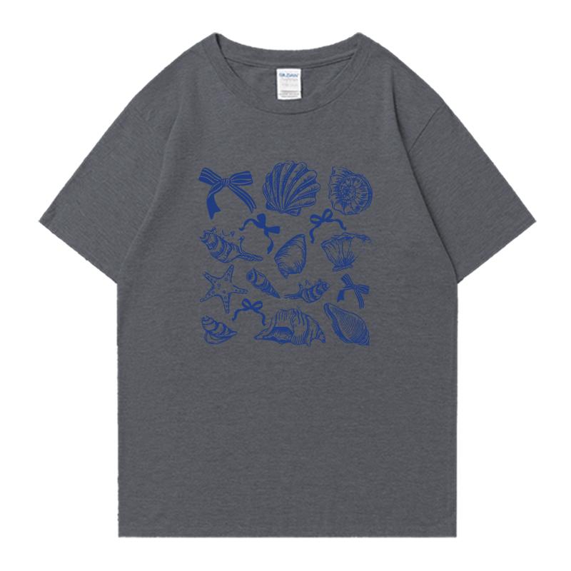 Hot sale Women's Ocean Animal Conch Bow Pattern Oversized t-shirt Unisex Cotton Men Women Casual short sleeve t-shirt Summer Top