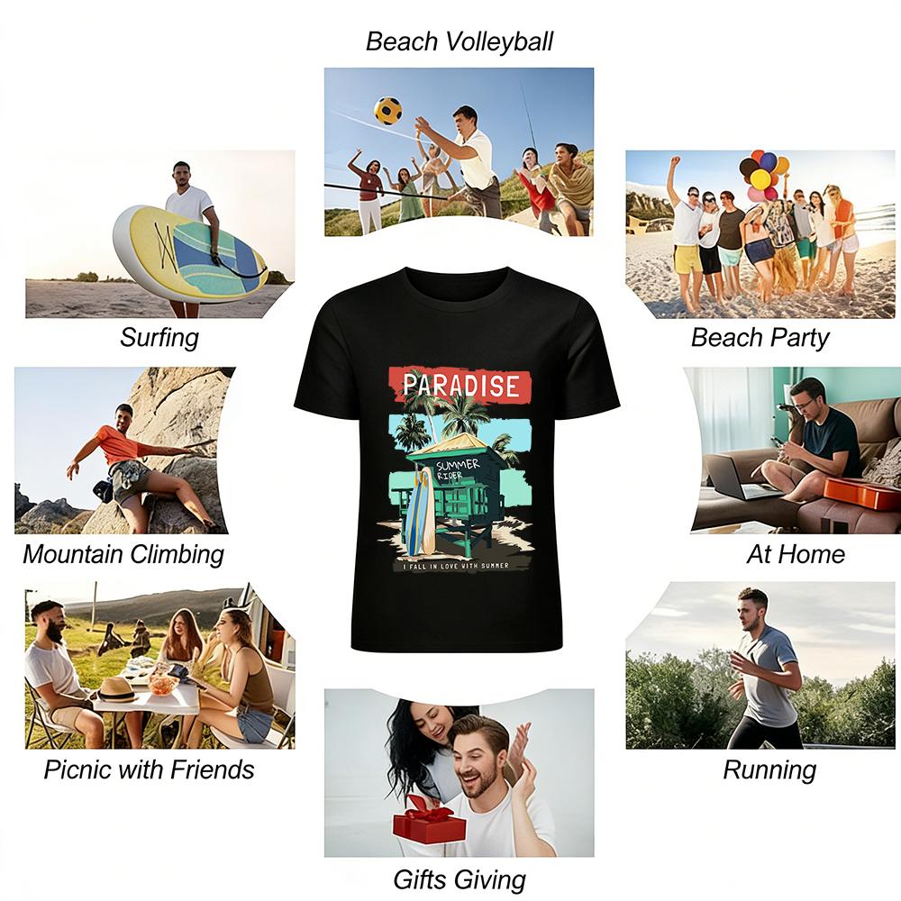 Paradise Surf Hut Print T-Shirt I Fall In Love With Summer Top Pure Cotton T-shirt