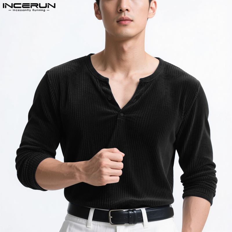 INCERUN Autumn Men Long Sleeve Texture Fitted Pullover Tops Undershirts