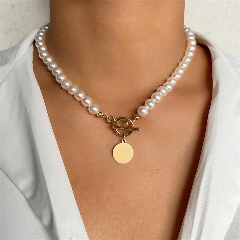 Vintage Bar Handmade Pearl Necklace Disc Neck Chain Niche Premium Clavicle Chain Women's Fashion Summer