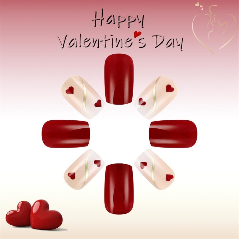 24 Pcs Heart Press On Nail Glossy Artificial Nail Golden Stripes Stick on Nail Valentines Day Full Cover False Nail