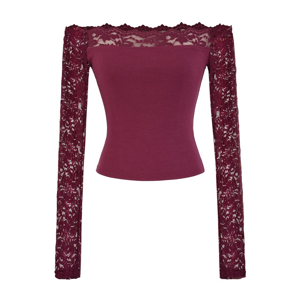 Women's Off-Shoulder Long Sleeve Top with Lace Trim In Multiple Colors