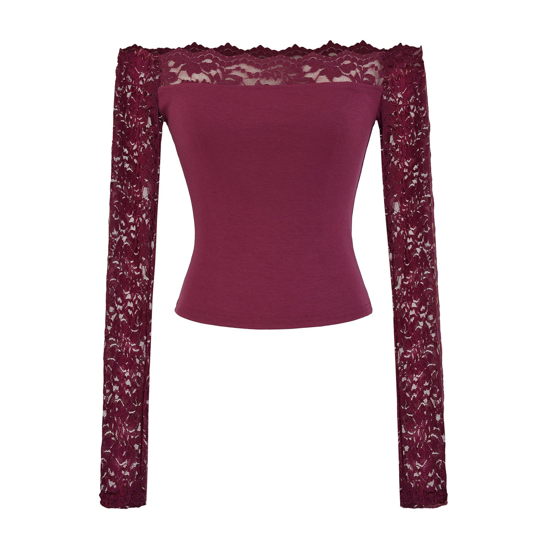 

Women s Off-Shoulder Long Sleeve Top with Lace Trim in Multiple Colors L фіолетовий