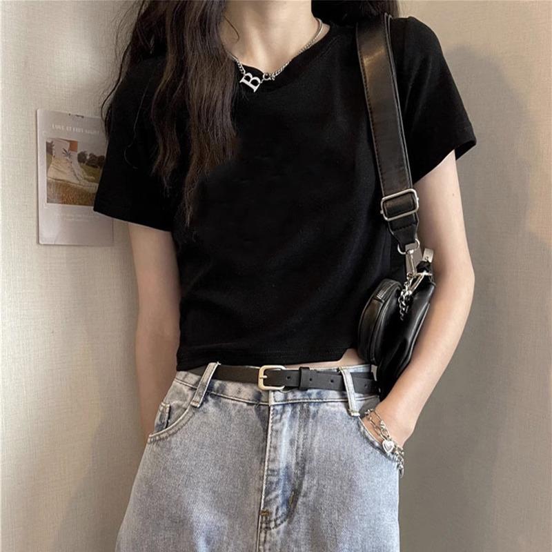 A pure cotton white t-shirt women's design front shoulder short sleeve summer letter print high waist spice top