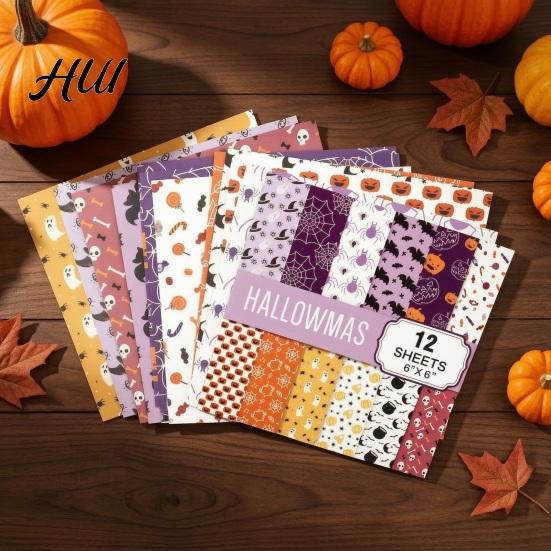 Classic Halloween Elements Stickers 12 Sheets Scrapbook Paper Set, 6x6in Double-Sided Craft Paper, Pumpkin Themed PaperPack Ghost Bat Pattern