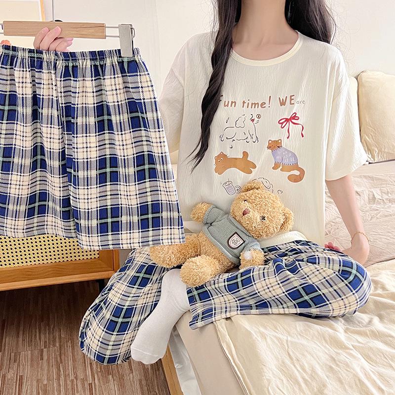 Three-Piece Women s Summer Pajama Set - Cute Cloud Cotton Short Sleeve Round Neck Home Wear. M-L
