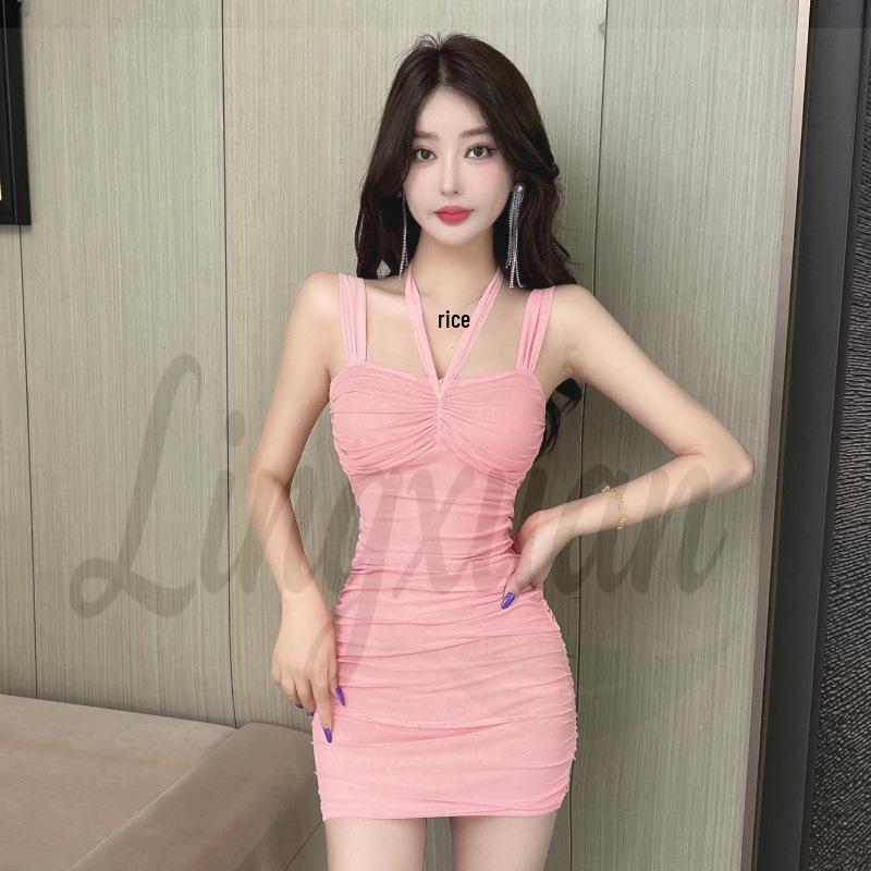 Spicy Girl Elegant Slimming Bodycon Mini Dress - Petite, Sexy, Low-Cut, Spaghetti Strap, Waist-Cinching, Hip-Hugging Large розовый