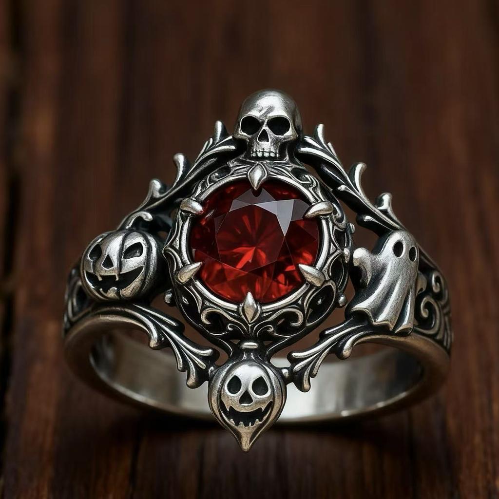 New Retro Halloween Gift Ring, European and American Style, Featuring a Gun-shaped Design with Black Accents and Ruby Embellishments, Exclusively for