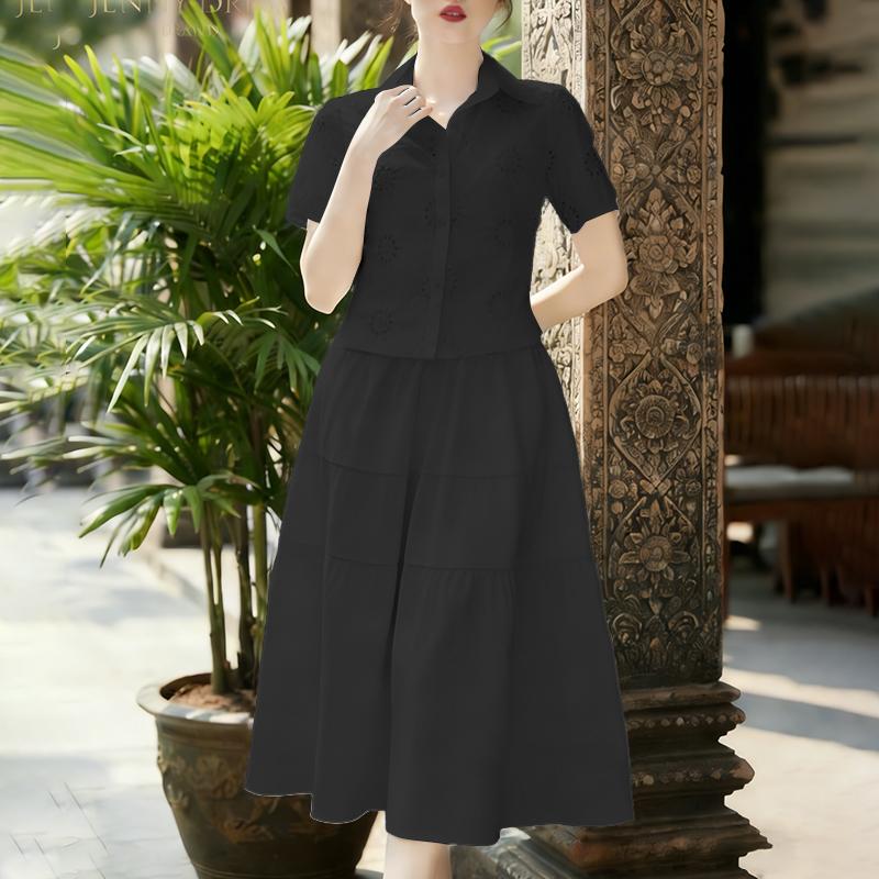 ZANZEA Women Short Sleeve Crochet Blouse and Skirts Casual Two Piece Suit Sets