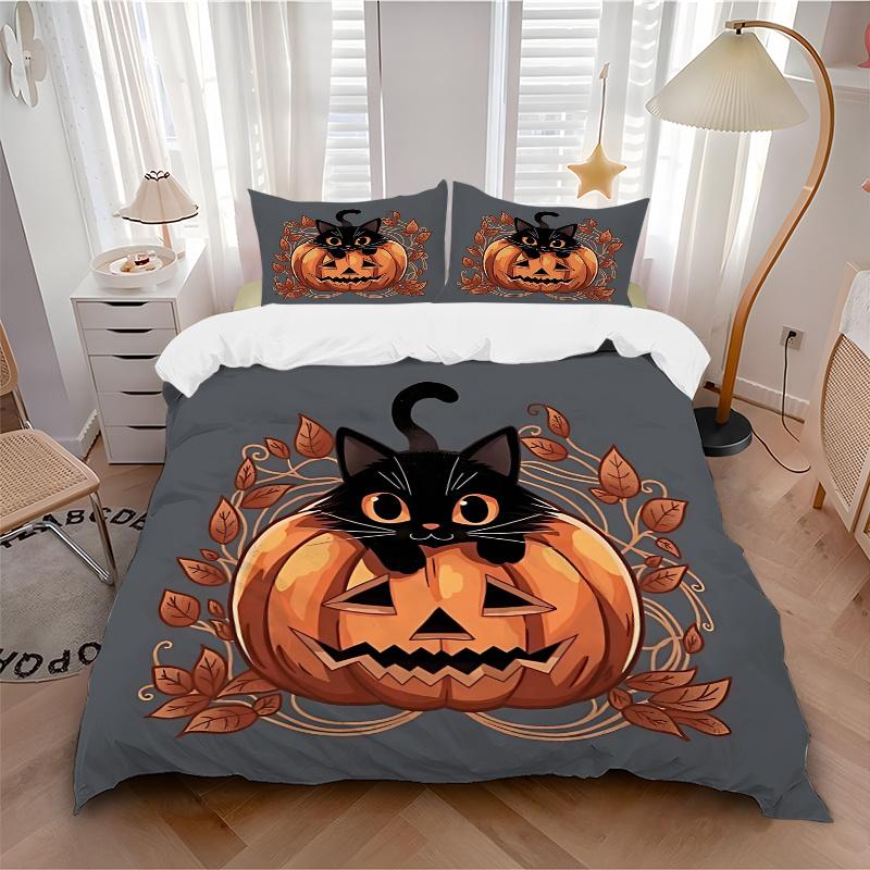 3pcs Pumpkin and Flowers Cat Bedding Set - Includes Quilt Cover and Pillowcases, Suitable for All Seasons N077