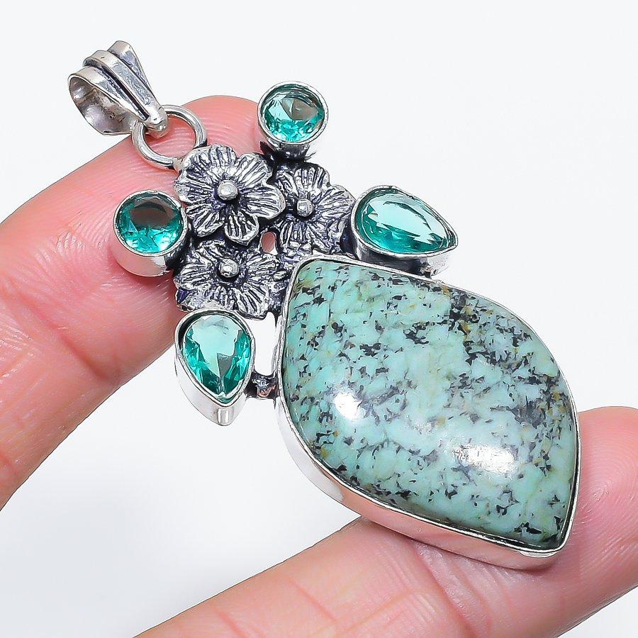 Tibetan Turquoise, Topaz Gemstone 925 Sterling Silver Jewelry Pendant 2.44"