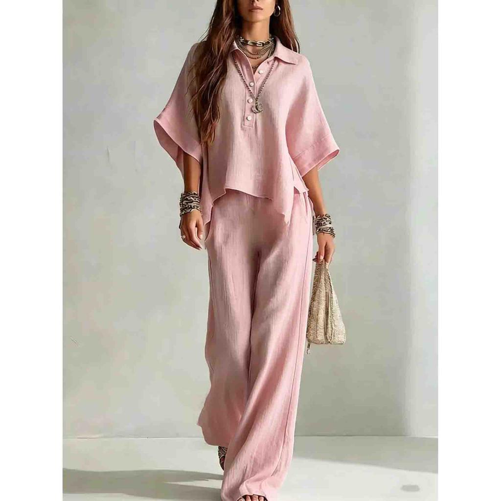 Solid Color Pants Set Summer Loose Half-sleeved Shirt Loose Wide-leg Trousers Two-piece Set Fashion Vacation Suit
