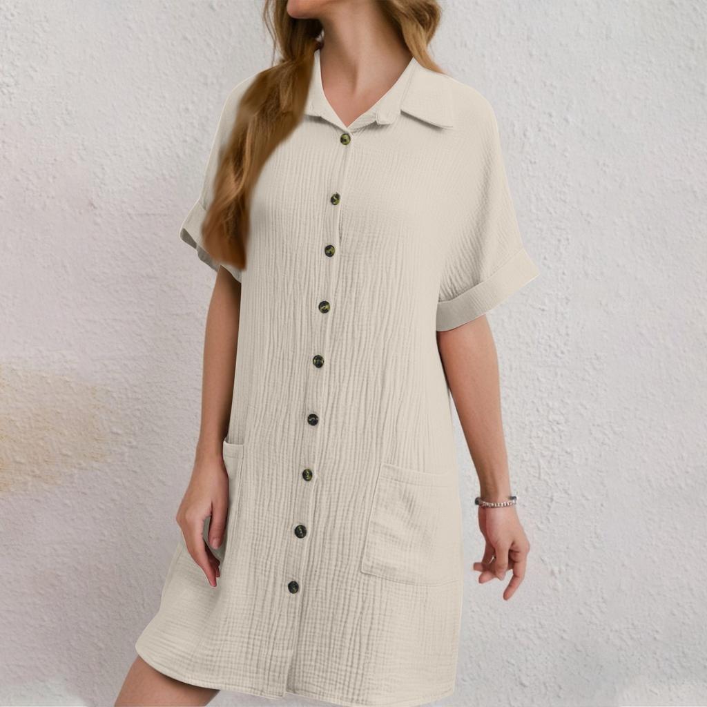 Fashion Women's Summer Casual Short Sleeve V-Neck Button Dress