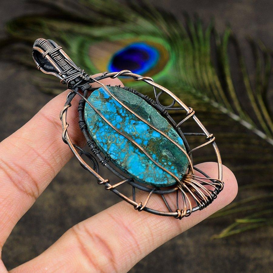 Tibetan Turquoise Handmade Copper Wire Wrap Jewelry Pendant 3.23" a0c96
