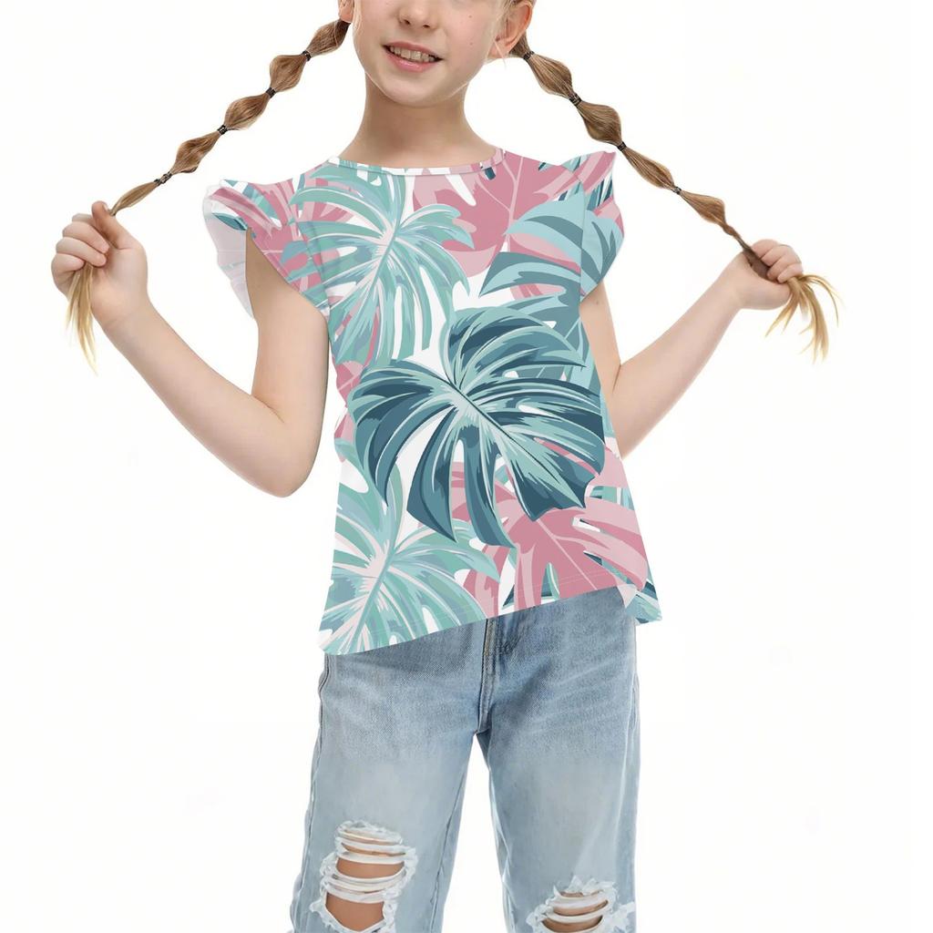 Children's Casual Short-Sleeved Pleated Cute Hawaiian Print Round-Neck Top