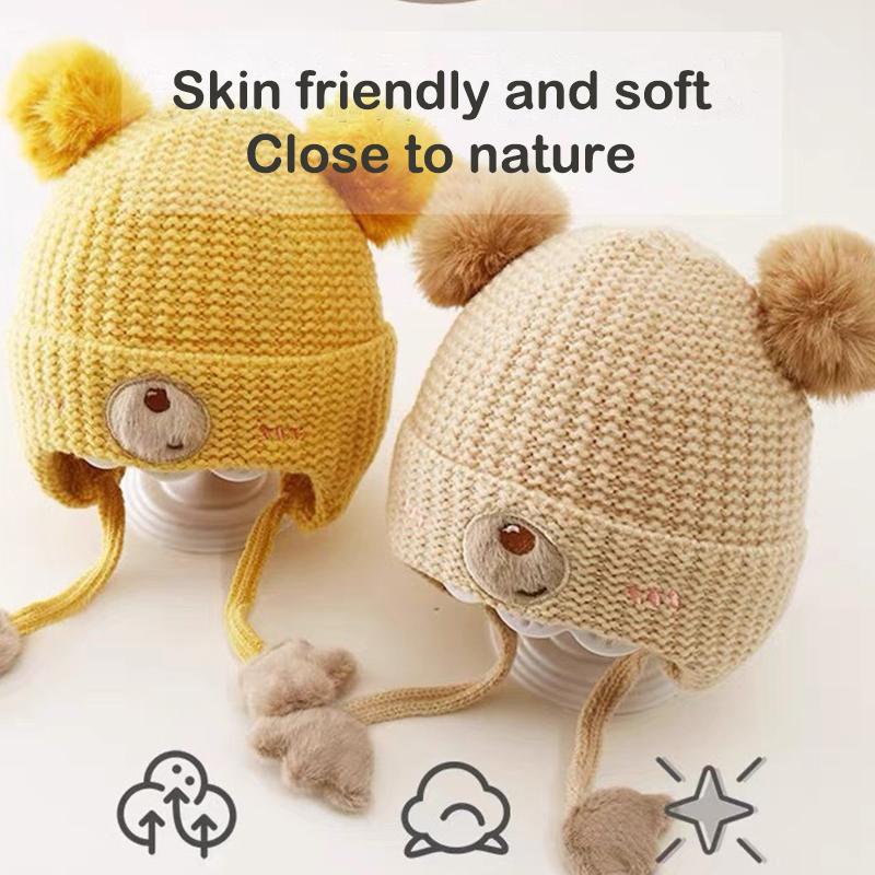 Baby Wool Hat For Boy Girls Cute Bear Ear Protection Hat Children Winter Thickened Warm Knitted Korean Cute Pompom Baby Hat
