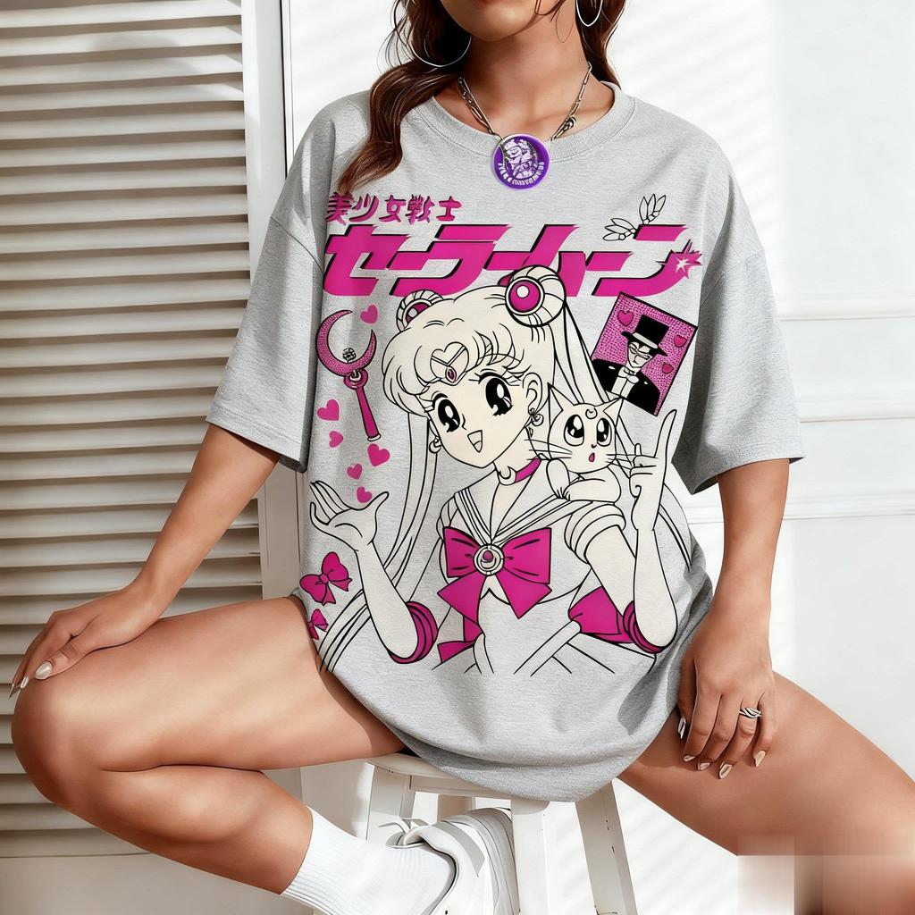 Sailor Moon Anime Print Women Unisex Tshirt Cartoon Short Sleeve Tee Kawaii Summer Oversized Casual Streetwear Cotton