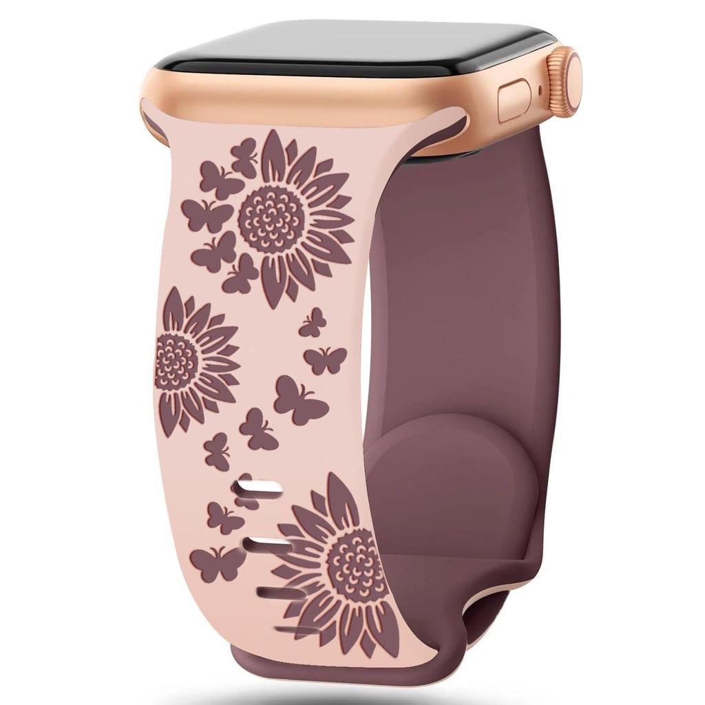Two-Color Laser Engraved Butterfly & Flowers Silicone Apple Watch Band