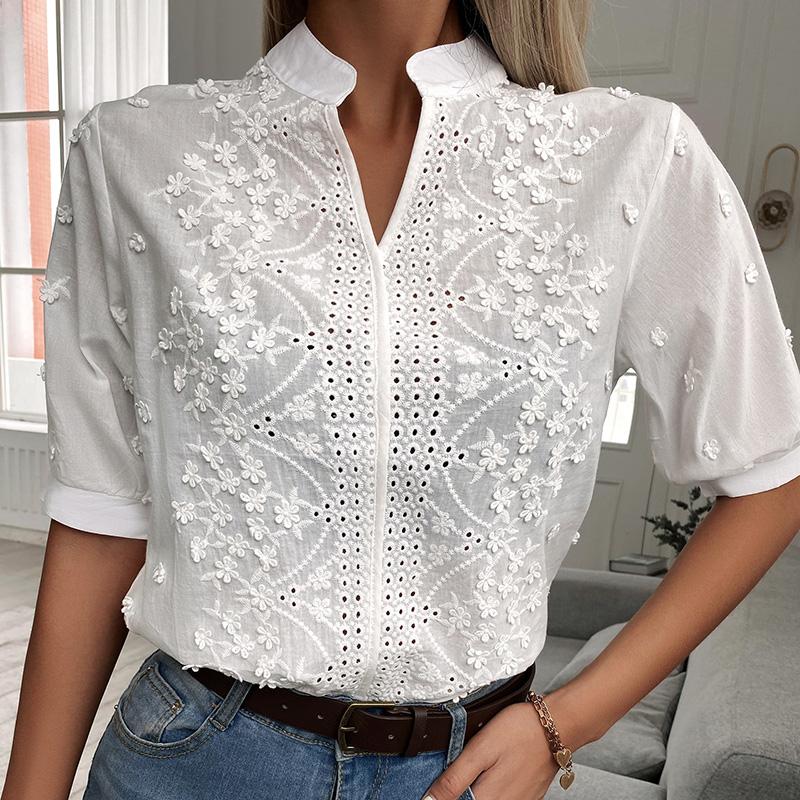 Summer Floral Embroidery Lace Blouse Fashion Women V Neck Casual Shirt Chic Short Sleeve Hollow Out Tops Elegant Blusas
