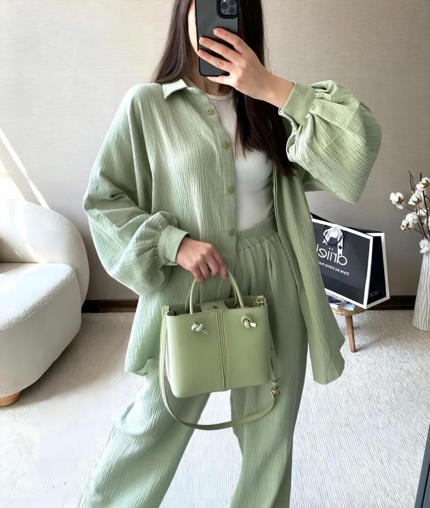 Two-Piece Long-Sleeve Lapel Shirt & Elastic Waist Trousers Suit