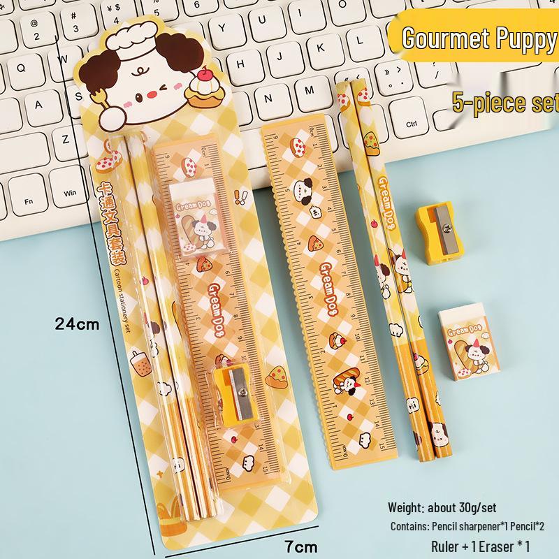 Cartoon Pencil Set with Ruler, Eraser, and Sharpener for Primary Students