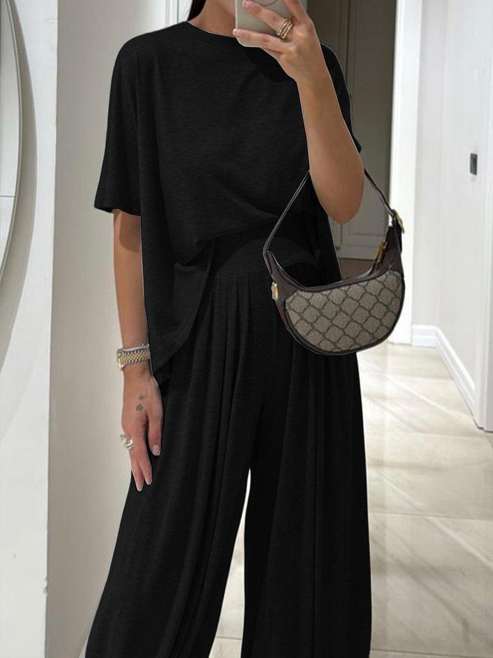 2025 Women's Drapey Wide-Leg Pants Two-Piece Set - Professional Casual Loose Fit with Solid Colors
