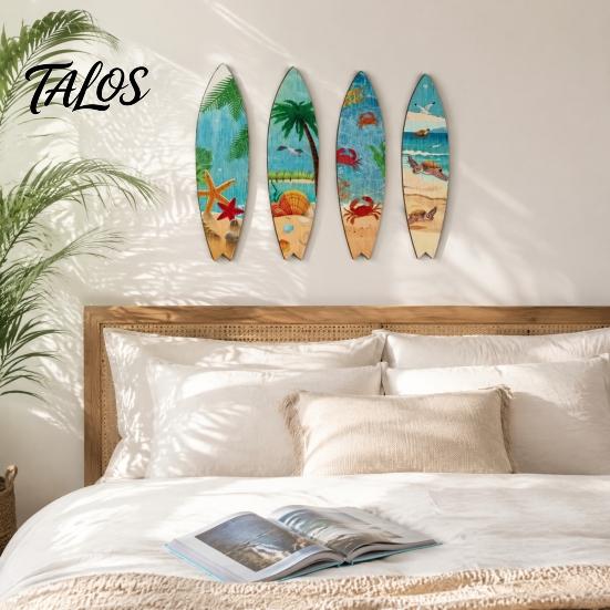 Tropical Beach House Ornament 4Pcs Wooden Surfboard Wall Hanging Decoration, Summer Seaside Art Signs, Party Lightweight Theme Pendant for Bathroom