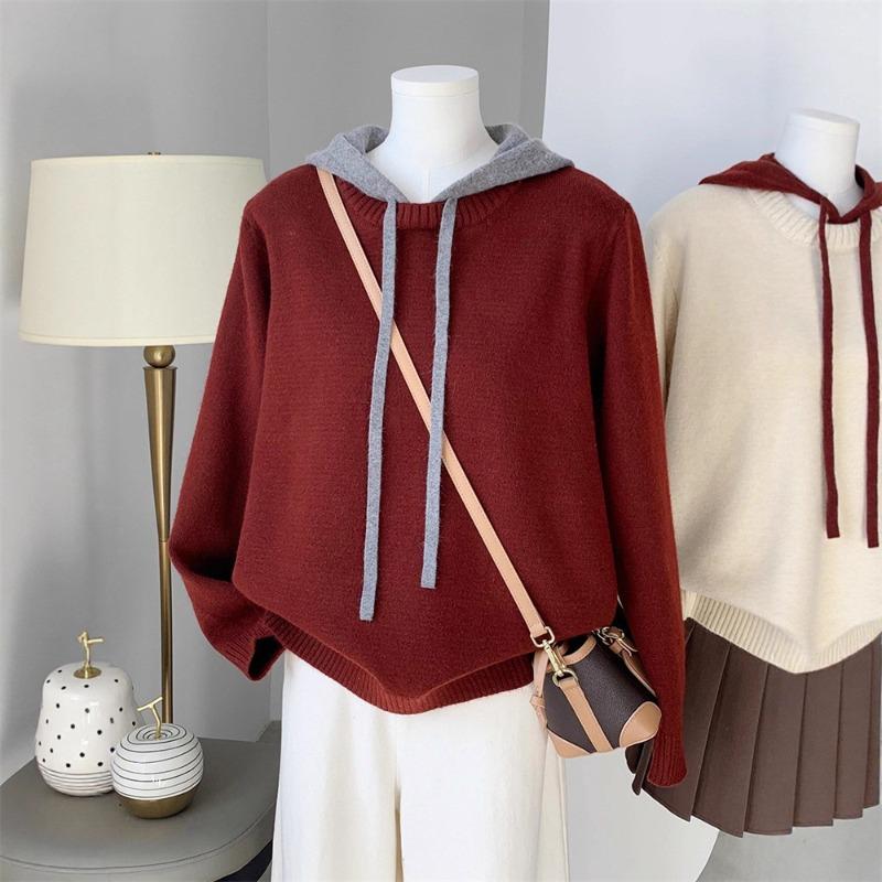 Simple contrasting colors hooded drawstring women's knitted sweater outer wear autumn and winter new long-sleeved pullover sweater women's top