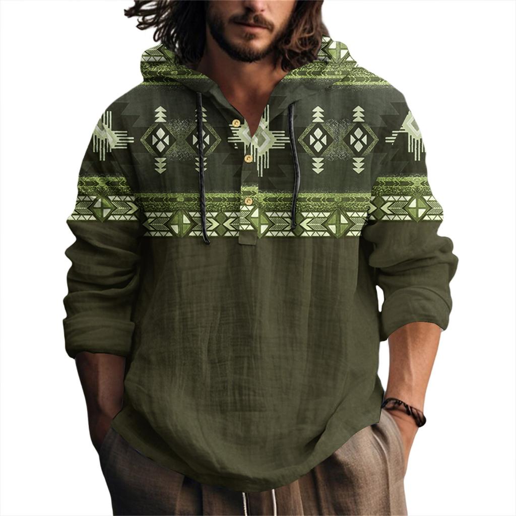 Printed Men's Cotton And Linen Shirt Hooded Long-sleeved Hooded Spring And Summer Casual Daily Wear