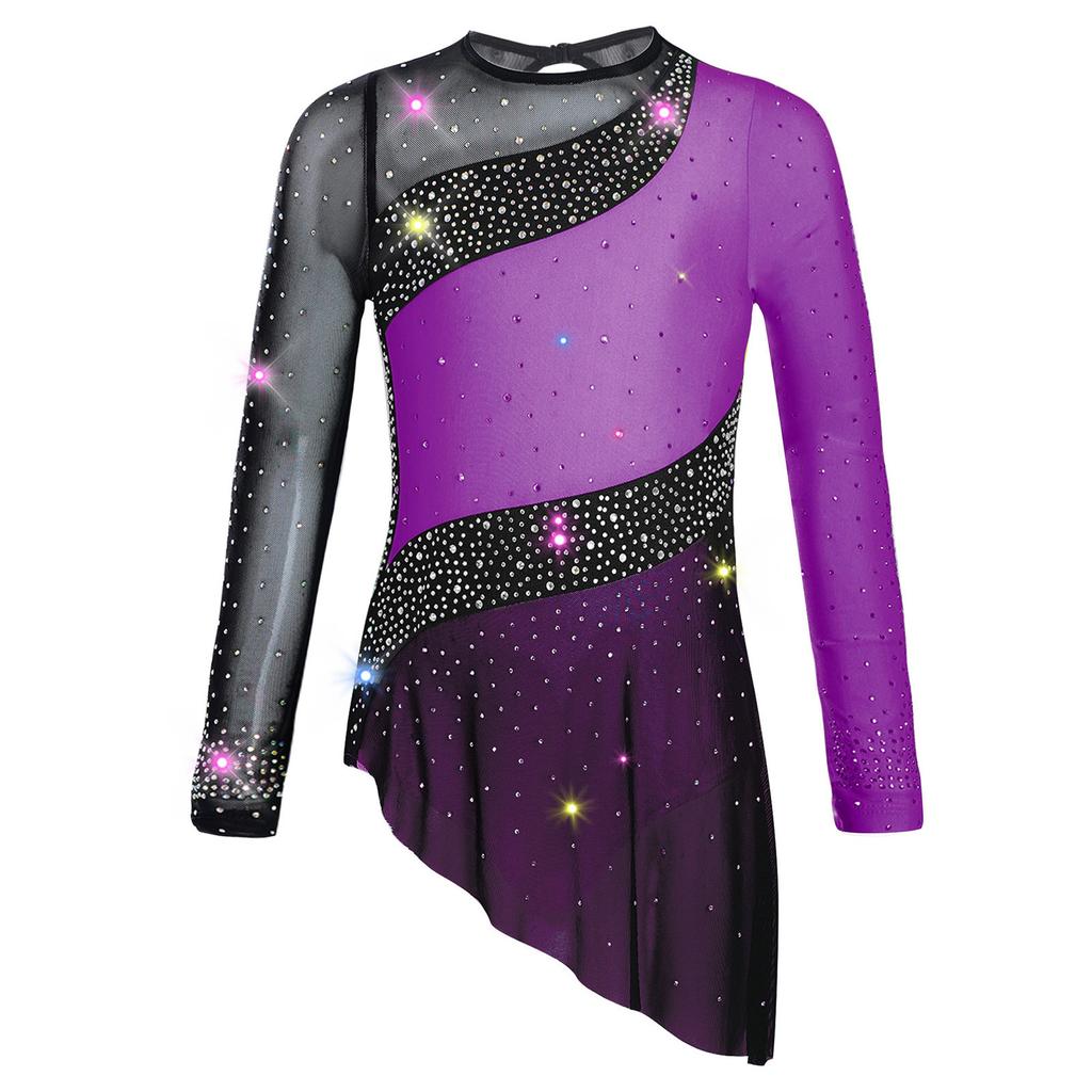 Girls Dance Gymnastics Bodysuit Dress Long Sleeve Sheer Mesh Patchwork Sparkling Rhinestones Color Block Leotard