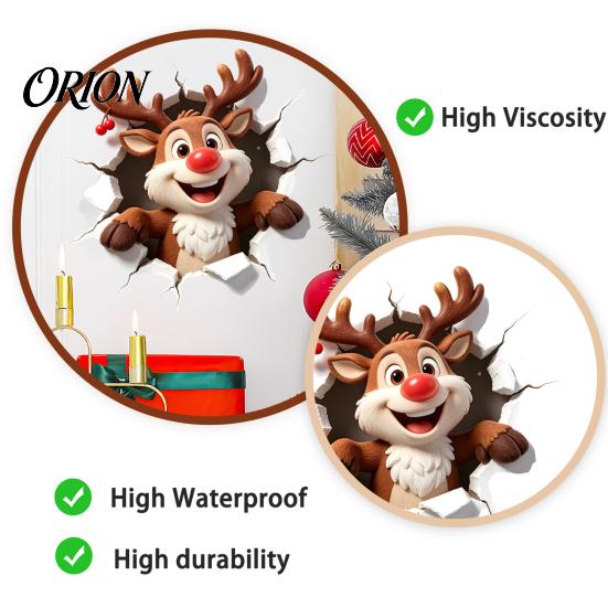 DIY Christmas Wall Scene Reindeer Decal, 3D Hole Illusion Red Nose Rudolph Sticker, Elk Window Clings Peel And Stick Waterproof PVC Decor for