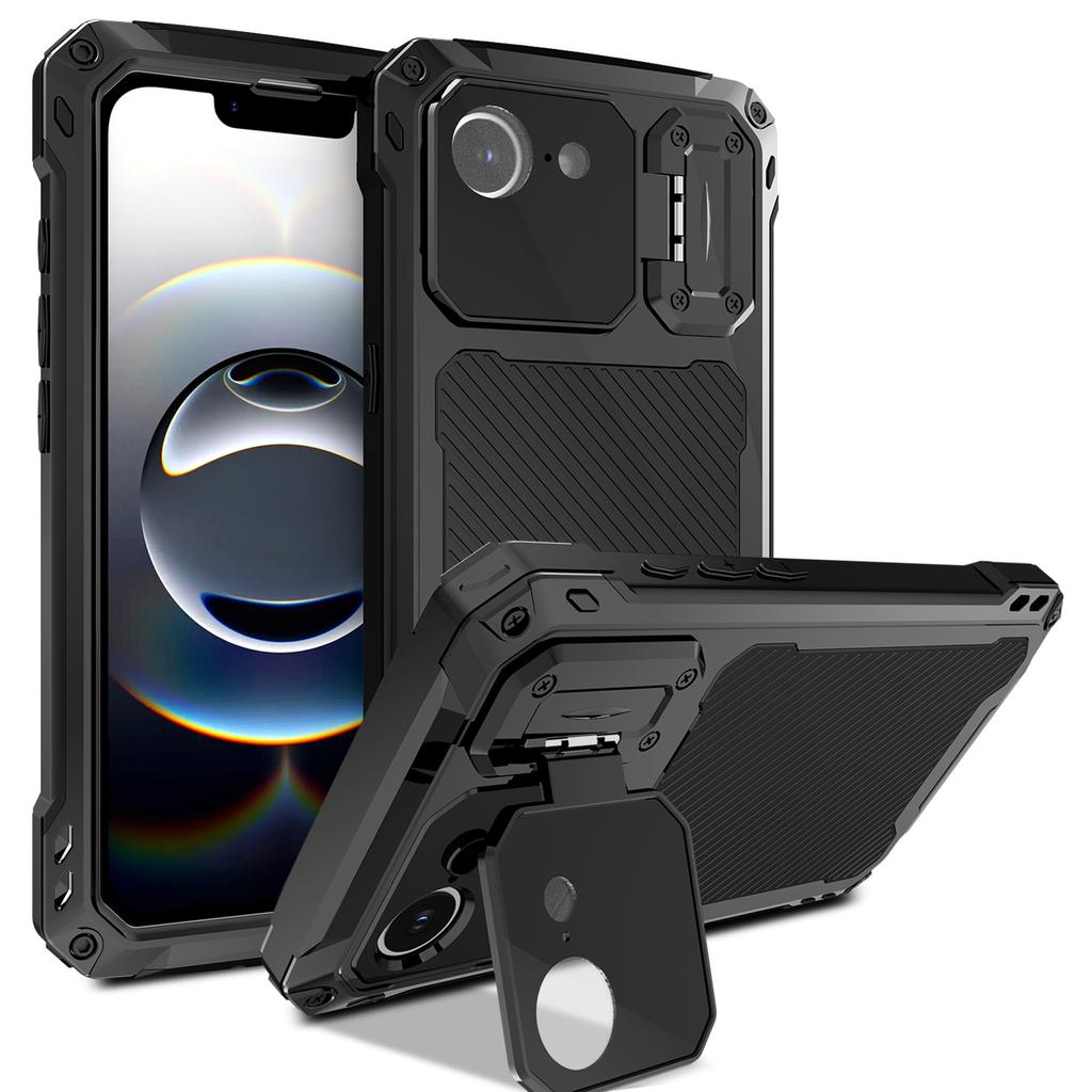 For iPhone 16e Case Aluminum Alloy+Silicone Lens Kickstand Phone Cover with Tempered Glass Film