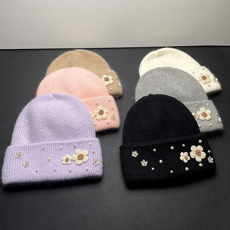 New Cute Flower Rabbit Wool Knitted Hat Autumn and Winter Thickened Warm Plush Fashionable Wool Hat Women Showing Their Face Cold Hat