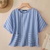 Women Casual Round Neck Loose Half Sleeve Stripe Blouse