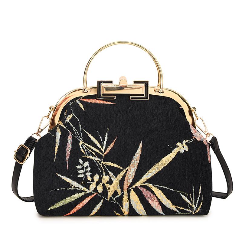 Boho Chic Floral Embroidered Shoulder Bag for Women Metal Handle Purse with Chain Strap Party Gift