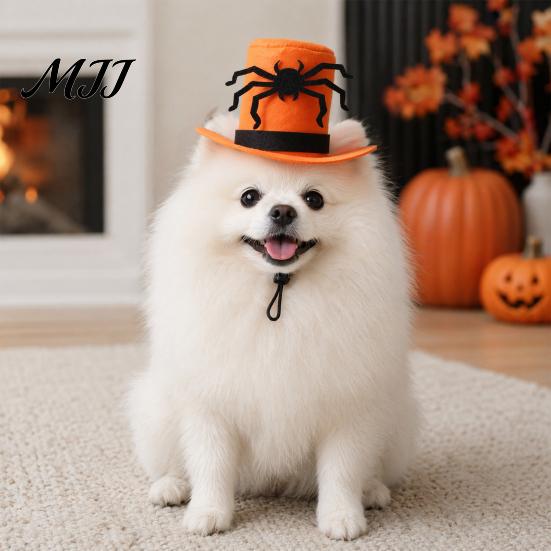Comfortable Dog Hat Halloween Cat Top Hat, Orange with Adjustable Strap, Breathable Headwear Black Spider for Small Dogs Festive Party Costume