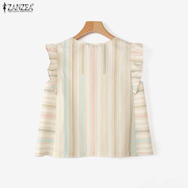 ZANZEA Women Summer Casual Round Neck Stripe Print Sleeveless Vest Tops