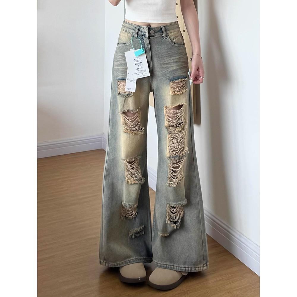 Women's High Waist Distressed Ripped Jeans Straight Wide Leg Baggy Denim Pants