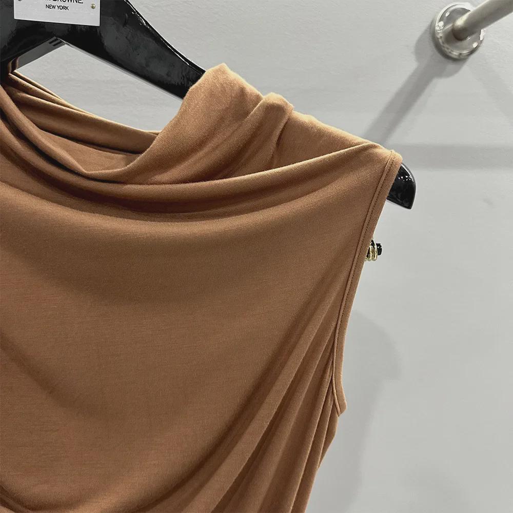 SUBHUMAN Women's European & American Style | Orange Irregular Pleated High Collar One-Shoulder Knit Top