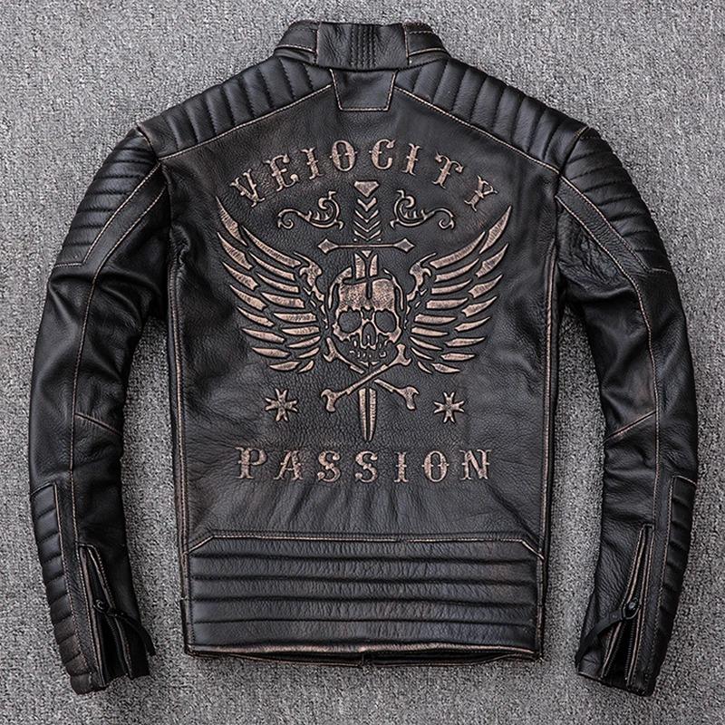 Kurtka motocyklowa Vintage w rozmiarze chińskim Czaszka 100% skóra bydlęca Slim Fit męska skórzana kurtka Zniszczona kurtka motocyklowa zimowa M203