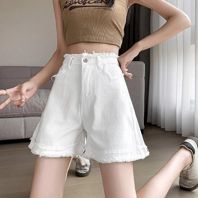 White Rough-edged High-waisted Denim Shorts for Women's Summer Thin Versatile Thin Small White A-word Hot Pants High Waist Frayed Edge Denim Shorts